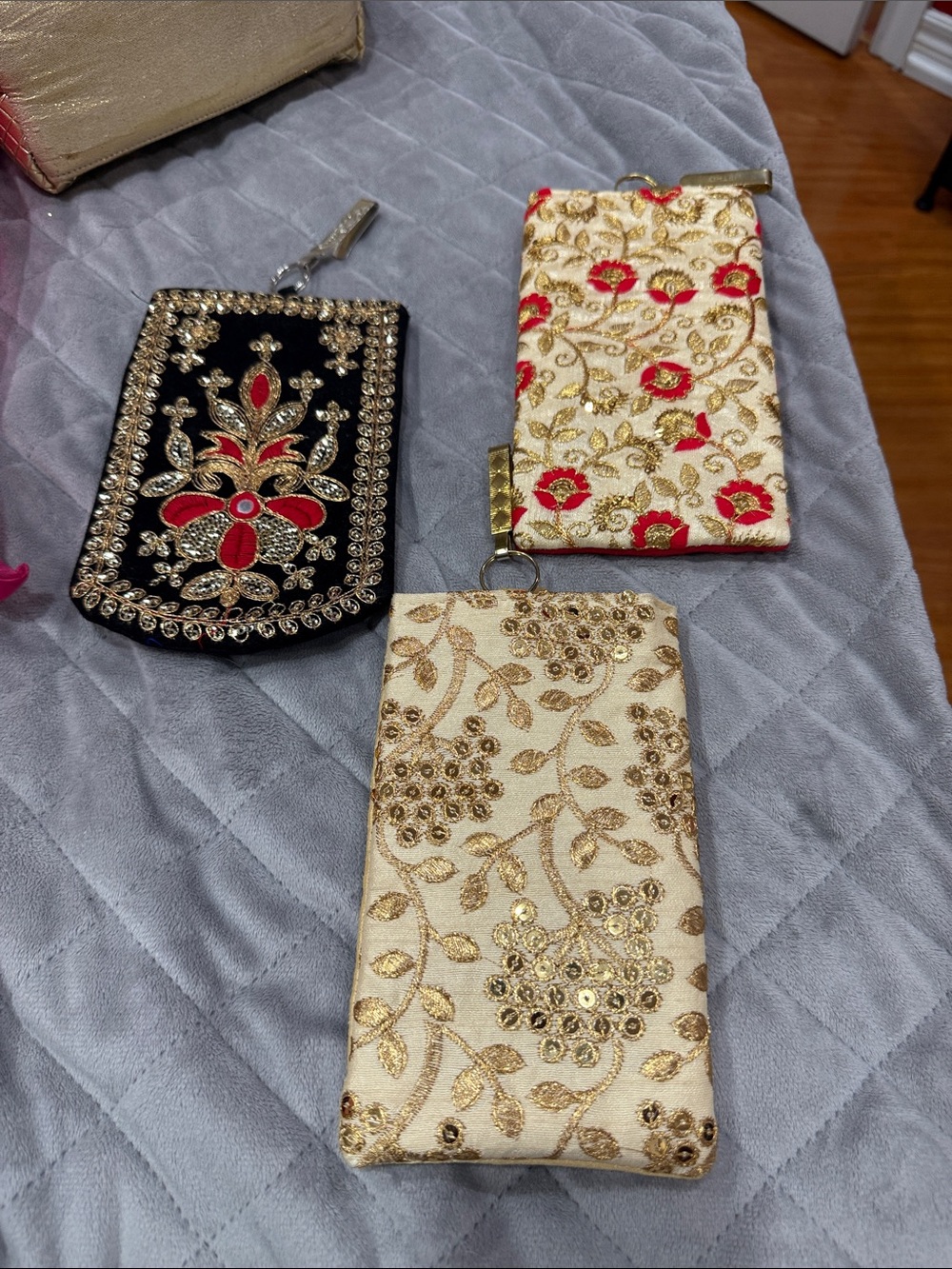 Embroidered Gold and Black Floral Phone Wristlet - Elegant Women's Accessory